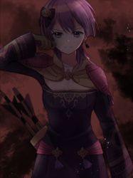 Rule 34 | 1girl, arrow (projectile), bernadetta von varley, closed mouth, dress, earrings, fire emblem, fire emblem: three houses, gloves, grey eyes, hair ornament, highres, jewelry, long sleeves, nintendo, pimi (ringsea21), purple hair, quiver, solo, upper body, yellow gloves