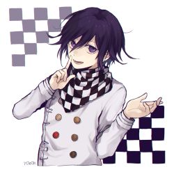 Rule 34 | 1boy, :d, artist name, blush, buttons, checkered clothes, checkered scarf, commentary request, cropped torso, danganronpa (series), danganronpa v3: killing harmony, double-breasted, grey jacket, hair between eyes, hands up, index finger raised, jacket, long sleeves, looking at viewer, lower teeth only, male focus, open mouth, oma kokichi, purple eyes, purple hair, scarf, short hair, smile, solo, straitjacket, teeth, upper body, y0e0k