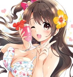 Rule 34 | 1girl, ;d, akina tsukako, bare shoulders, bikini, blush, breasts, brown eyes, brown hair, cleavage, collarbone, commentary request, cup, drink, drinking glass, drinking straw, floral print, flower, frilled bikini, frills, hair flower, hair ornament, heart, heart background, hibiscus, holding, holding cup, idolmaster, idolmaster cinderella girls, idolmaster cinderella girls starlight stage, long hair, looking at viewer, medium breasts, one eye closed, one side up, open mouth, red ribbon, ribbon, shimamura uzuki, smile, solo, swimsuit, upper body, v, wet, white background, white bikini