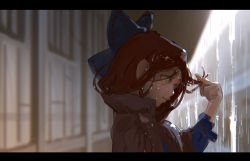 Rule 34 | 1girl, backlighting, blue bow, blurry, blurry background, bow, cape, depth of field, hair bow, letterboxed, looking away, niy (nenenoa), rain, red hair, sekibanki, short hair, solo, touhou, upper body, wet, wet hair