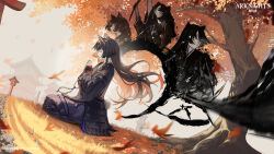 Rule 34 | 1girl, absurdres, animal ears, arknights, autumn leaves, black hair, black kimono, closed eyes, dog ears, highres, japanese clothes, kimono, krin (krinnin), long hair, multiple views, official art, outdoors, own hands together, palms together, pants, purple pants, saga (arknights), sitting, very long hair