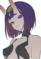Rule 34 | 1girl, bare shoulders, bob cut, breasts, commentary, commentary request, english commentary, eyeliner, fate/grand order, fate (series), headpiece, highres, horns, light smile, looking at viewer, makeup, oni, purple eyes, purple hair, short eyebrows, short hair, shuten douji (fate), simple background, sketch, skin-covered horns, small breasts, solo, timbougami, upper body, white background