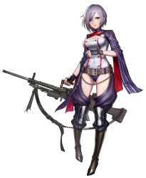 Rule 34 | 1girl, ass, ass cutout, bad id, bad pixiv id, belt, boots, breasts, chain, chaps, cleavage, cleavage cutout, clothing cutout, crotch cutout, female focus, fingerless gloves, full body, girls&#039; frontline, gloves, gluteal fold, green eyes, gun, heavy machine gun, highres, looking to the side, machine gun, medium breasts, mg5 (girls&#039; frontline), nail polish, revealing clothes, rlarkacks, short hair, silver hair, solo, transparent background, walking, weapon, white background, wide sleeves