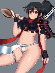 Rule 34 | 10s, 1girl, armor, bare legs, black hair, blush, breastplate, breasts, curvy, fundoshi, highres, izumi (queen&#039;s blade), japanese armor, japanese clothes, katana, large breasts, looking at viewer, partially visible vulva, ponytail, queen&#039;s blade, queen&#039;s blade rebellion, scarf, shiny skin, sword, tawashi (pixiv34771802), thighs, weapon