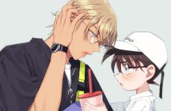 Rule 34 | 2boys, age difference, amuro tooru, arm up, bag, baseball cap, bespectacled, black-framed eyewear, black shirt, blonde hair, blue eyes, blurry, blush, brown hair, casual, child, clothes writing, collared shirt, commentary request, cup, depth of field, disposable cup, drinking straw, edogawa conan, eye contact, fingernails, frown, glasses, grey background, hair between eyes, hand in own hair, hat, height difference, holding, holding cup, k (gear labo), looking at another, looking down, male focus, meitantei conan, multiple boys, onii-shota, open mouth, shirt, short hair, short sleeves, shoulder bag, simple background, upper body, watch, white headwear, white shirt, wristwatch, yaoi