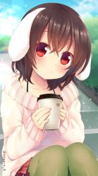 Rule 34 | 1girl, alternate costume, animal ears, artist name, black hair, blue sky, blurry, blurry background, blush, bra strap, casual, cloud, coffee cup, collarbone, commentary request, contemporary, cup, day, disposable cup, feet out of frame, green pantyhose, head tilt, holding, holding cup, inaba tewi, lens flare, long sleeves, looking at viewer, miniskirt, nnyara, outdoors, pantyhose, plaid, plaid skirt, pleated skirt, rabbit ears, red eyes, red skirt, short hair, sitting, skirt, sky, sleeves past wrists, solo, stairs, sweater, touhou, twitter username, white sweater
