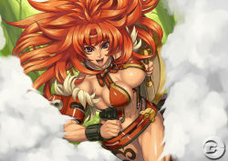 Rule 34 | 00s, 1girl, abs, armor, belt, bracelet, breasts, center opening, cleavage, corset styled armor, eiwa, fog, headband, jewelry, large breasts, leather armor, long hair, mace, midriff, muscular, muscular female, open mouth, queen&#039;s blade, red hair, risty (queen&#039;s blade), risty (queen's blade), shield, smile, solo, tattoo, watermark, weapon, wilderness bandit risty