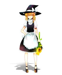 Rule 34 | 1girl, apron, bad id, bad pixiv id, blonde hair, braid, expressionless, female focus, flower, hand on own hip, hat, highres, hip focus, kirisame marisa, looking at viewer, nr (cerumia), nr (cmnrr), shadow, solo, touhou, white background, witch, witch hat, yellow eyes