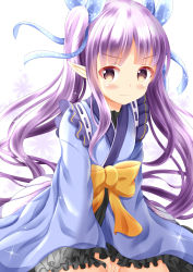 Rule 34 | 1girl, blue kimono, blue ribbon, blush, bow, brown eyes, closed mouth, commentary request, hair ribbon, highres, japanese clothes, kimono, kyoka (princess connect!), long hair, long sleeves, looking at viewer, orange bow, parted bangs, pointy ears, princess connect!, purple hair, ribbon, ribbon trim, sidelocks, sleeves past wrists, solo, twintails, v-shaped eyebrows, very long hair, wavy mouth, wide sleeves, xenon (for achieve)