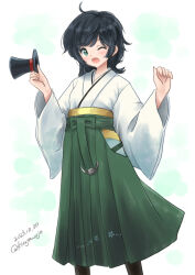 Rule 34 | 1girl, ahoge, black hair, feet out of frame, green eyes, green hakama, hakama, hat, holding, holding clothes, holding hat, japanese clothes, kantai collection, kitagawa mikio, matsukaze (kancolle), meiji schoolgirl uniform, mini hat, mini top hat, one-hour drawing challenge, open mouth, short hair, smile, solo, standing, swept bangs, top hat, unworn hat, unworn headwear, w arms, wavy hair