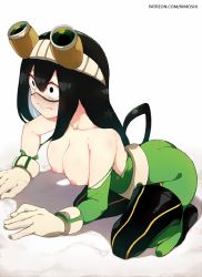 Rule 34 | 10s, 1girl, asui tsuyu, bare shoulders, black eyes, black hair, blush, bodysuit, boku no hero academia, breasts, closed mouth, full body, gloves, goggles, goggles on head, green bodysuit, hair rings, kimoshi, long hair, medium breasts, nipples, simple background, solo, torn bodysuit, torn clothes, white background, white gloves