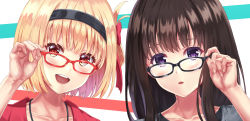 Rule 34 | 2girls, absurdres, adjusting eyewear, bespectacled, black-framed eyewear, black hair, black hairband, blonde hair, blush, commentary request, glasses, hair ribbon, hairband, hand on eyewear, hand up, highres, inoue takina, long hair, looking at viewer, lycoris recoil, multiple girls, nishikigi chisato, nonoa-cg, open mouth, purple eyes, red-framed eyewear, red eyes, red ribbon, ribbon, short hair, smile, teeth, upper body, upper teeth only