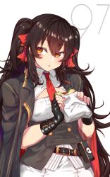 Rule 34 | 1girl, absurdres, belt, black gloves, black hair, blush, bow, breasts, brown eyes, buckle, buttons, cape, character name, cleavage cutout, clothing cutout, collared shirt, cowboy shot, double-breasted, fingerless gloves, food, girls&#039; frontline, gloves, hair between eyes, hair ribbon, highres, holding, holding food, long hair, looking at viewer, necktie, ooyun, open mouth, pouch, red bow, red necktie, ribbon, sandwich, shirt, sidelocks, simple background, skirt, sleeveless, sleeveless shirt, small breasts, solo, twintails, type 97 (girls&#039; frontline), underbust, very long hair, white shirt, white skirt
