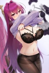 Rule 34 | 1girl, black bra, blush, bra, breasts, clothes lift, fate/grand order, fate (series), hair intakes, covered mouth, highres, kakumayu, large breasts, lingerie, long hair, looking at viewer, mirror, navel, pantyhose, purple hair, red eyes, scathach (fate), scathach (fate), solo, stomach, sweater, sweater lift, thighband pantyhose, underwear, undressing