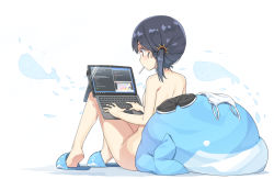 Rule 34 | 1girl, bare arms, bare legs, bare shoulders, black hair, black shorts, breasts, camisole, camisole removed, candy, casual nudity, chinese commentary, commentary request, computer, food, from behind, hatsunatsu, in mouth, laptop, leaning back, lollipop, nude, nudist, original, red eyes, short hair, short shorts, shorts, side ponytail, sitting, slippers, small breasts, solo, stuffed animal, stuffed toy, stuffed whale, unworn shorts, white camisole