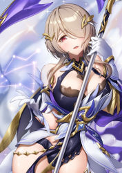 Rule 34 | 1girl, bare shoulders, breasts, brown hair, cleavage, dress, gloves, hair ornament, hair over one eye, highres, holding, holding scythe, holding weapon, honkai (series), honkai impact 3rd, long hair, looking at viewer, mole, mole under eye, open mouth, purple eyes, rita rossweisse, rita rossweisse (spina astera), scythe, short sleeves, sleeveless, sleeveless dress, solo, weapon, white gloves, xfate
