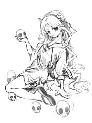 Rule 34 | 1girl, 80isiiii, absurdres, blush, full body, greyscale, highres, horns, monochrome, nippaku zanmu, oni horns, open mouth, parted bangs, sandals, shirt, short sleeves, shorts, simple background, sketch, skull, smile, solo, touhou, unfinished dream of all living ghost, white background