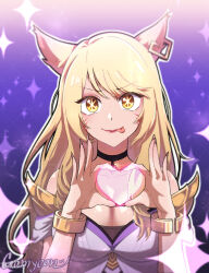Rule 34 | 1girl, ahri (league of legends), animal ears, artist name, black choker, blonde hair, choker, closed mouth, collarbone, commentary request, dress, ear piercing, facial mark, fox ears, fox girl, gomyeon1 7 11, heart, heart hands, highres, k/da (league of legends), k/da ahri, korean commentary, league of legends, long hair, off-shoulder dress, off shoulder, oshi no ko, piercing, purple dress, solo, sparkle, star-shaped pupils, star (symbol), swept bangs, symbol-shaped pupils, tongue, tongue out, whisker markings, yellow eyes