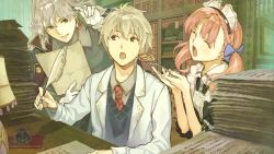 Rule 34 | 10s, 1boy, 2girls, atelier (series), atelier escha &amp; logy, bow, brown eyes, earrings, escha malier, closed eyes, food, fork, nib pen (object), game cg, gloves, green eyes, grey hair, hair bow, hidari (left side), holding, inkwell, jewelry, logix ficsario, long hair, multiple girls, necktie, official art, open mouth, paper, paper stack, parted lips, pen, pink hair, shirt, short hair, threia hazelgrimm, twintails, white gloves, white hair