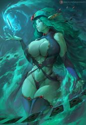 Rule 34 | 1girl, abs, aura, bare shoulders, blue fire, breasts, cameltoe, card, cleavage, cleavage cutout, clothing cutout, covered erect nipples, curvy, cutesexyrobutts, elf, energy, fire, forehead jewel, glowing, green hair, highres, huge breasts, md5 mismatch, narrow waist, original, parted lips, patreon username, pointy ears, revealing clothes, solo, thick thighs, thighs, toned, wide hips