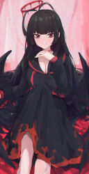 Rule 34 | 1girl, absurdres, bags under eyes, black hair, black serafuku, black wings, blue archive, blush, breasts, cleavage, commentary request, feet out of frame, halo, highres, jianjia, knee up, large breasts, long sleeves, looking at viewer, neckerchief, red eyes, school uniform, serafuku, sitting, smile, solo, tsurugi (blue archive), undone neckerchief, wings