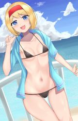 Rule 34 | 1girl, :d, absurdres, alice margatroid, bikini, black bikini, blonde hair, blue eyes, blue shirt, blue sky, blush, bob cut, breasts, cigarette, cloud, commentary request, cookie (touhou), cup, day, dutch angle, fang, feet out of frame, frilled hairband, frills, hairband, highres, holding, holding cup, ikikiksgiksg, looking at viewer, navel, ocean, open clothes, open mouth, open shirt, outdoors, railing, red hairband, shiny skin, shirt, short hair, skin fang, sky, small breasts, smile, solo, swimsuit, taisa (cookie), touhou, water