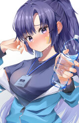 Rule 34 | 1girl, absurdres, black shirt, blue archive, blush, bottle, breasts, commentary request, ear blush, facepaint, giving, half updo, highres, holding, holding bottle, jacket, jacket partially removed, lala (tnre7287), lanyard, looking at viewer, medium breasts, official alternate costume, partially unzipped, purple eyes, purple hair, revision, shirt, simple background, solo, star (symbol), sweat, track jacket, upper body, white background, yuuka (blue archive), yuuka (track) (blue archive)