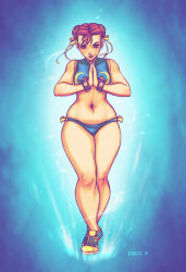 Rule 34 | 1990s (style), 1girl, adapted costume, aura, bikini, blue bikini, breasts, brown hair, capcom, chun-li, crossed legs, curvy, double bun, earrings, eddie holly, full body, hair bun, hair ribbon, jewelry, own hands clasped, own hands together, resolution mismatch, retro artstyle, ribbon, shoes, short hair, sneakers, solo, source larger, standing, street fighter, street fighter zero (series), studded bracelet, swimsuit, tankini, wide hips