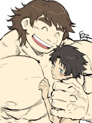 Rule 34 | 2boys, ^ ^, bara, black hair, blue eyes, blush, brown hair, closed eyes, completely nude, fate/grand order, fate (series), fujimaru ritsuka (male), hand on another&#039;s chest, hand on another&#039;s shoulder, highres, large pectorals, male focus, multiple boys, muscular, muscular male, nipples, nude, open mouth, pectorals, sexually suggestive, shirako (kirupi), short hair, size difference, sketch, smile, super orion (fate), veins, yaoi