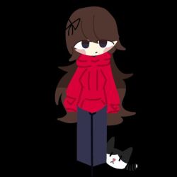 1girl bad_tag black_eyes blush bow brown_hair cat female fundamental_paper_education kaaatie kiffy_(artist) original pants red_clothed