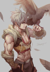 Rule 34 | 1boy, artist name, belt, bird, brown shirt, brown shorts, closed mouth, collarbone, commentary, cowboy shot, crop top, dated, drawstring, falcon, feathers, fur-trimmed gloves, fur-trimmed shirt, fur trim, gloves, grey background, hair between eyes, hand in pocket, jokerpang, looking to the side, male focus, muscular, muscular male, ragnarok online, red eyes, shirt, short hair, shorts, simple background, smile, sniper (ragnarok online), solo, standing, studded belt, two-tone shirt, white hair, yellow gloves, yellow shirt