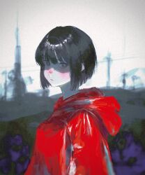Rule 34 | 1girl, black hair, blood, blood on face, blurry, blurry background, bob cut, commentary, film grain, from side, grey eyes, hair between eyes, highres, looking at viewer, looking to the side, natari, original, red raincoat, shaded face, short hair, sidelocks, solo, upper body
