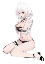 Rule 34 | 1girl, ankle strap, azur lane, bare legs, bikini, black bikini, black choker, black footwear, blush, breasts, bridal garter, choker, cleavage, cleavage cutout, closed mouth, clothing cutout, collarbone, expressionless, eyelashes, front-tie top, full body, hair between eyes, halterneck, hands up, heart, high heels, highres, kincora, large breasts, midriff, mouth hold, navel, o-ring, o-ring bikini, o-ring top, red eyes, sandals, scrunchie, see-through, shirt, short hair, short sleeves, simple background, sirius (azur lane), sirius (scorching-hot seirios) (azur lane), sitting, sketch, solo, stomach, swimsuit, thigh strap, thighs, tied shirt, toes, tying hair, wariza, white background, white hair, white scrunchie, wrist scrunchie