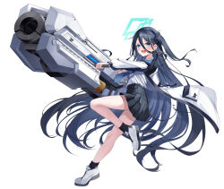 Rule 34 | 1girl, :d, aris (blue archive), black hair, black socks, blue archive, blue eyes, bright pupils, hairband, halo, highres, jacket, long hair, one side up, open clothes, open jacket, open mouth, pleated skirt, railgun, ringed eyes, saio425, shoes, skirt, smile, socks, solo, uniform, very long hair, white background, white pupils