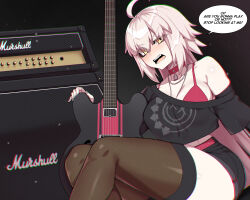 Rule 34 | 1girl, ahoge, bare shoulders, black shirt, black shorts, breasts, choker, cleavage, english text, fate/grand order, fate (series), grey hair, guitar, highres, hyperbudd, instrument, jeanne d&#039;arc alter (avenger) (fate), jeanne d&#039;arc alter (fate), jewelry, large breasts, long hair, looking at viewer, necklace, off shoulder, open mouth, shirt, shorts, speech bubble, thighhighs, yellow eyes