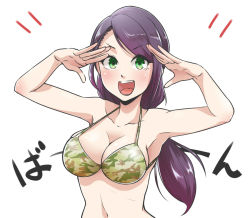 Rule 34 | &gt;:d, 1girl, :d, armpits, arms up, asymmetrical bangs, bare arms, bare shoulders, bikini, breasts, camouflage, camouflage bikini, cleavage, collarbone, commentary request, emphasis lines, eyes visible through hair, green eyes, idolmaster, idolmaster cinderella girls, ishii takuma, large breasts, long hair, looking at viewer, low-tied long hair, navel, open mouth, purple hair, raised eyebrows, simple background, smile, solo, sound effects, swept bangs, swimsuit, translation request, upper body, v-shaped eyebrows, white background, yamato aki