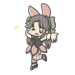 Rule 34 | 1girl, :3, animal ears, bow, brown eyes, brown hair, bunny garden, chibi, fake animal ears, ferret-san, fishnet pantyhose, fishnets, frilled skirt, frills, green bow, hair bow, jintsuu (kancolle), kantai collection, leotard, one eye closed, pantyhose, playboy bunny, simple background, skirt, smile, solo, standing, standing on one leg, star (symbol), white background, wrist cuffs