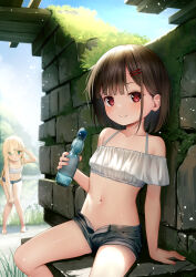 Rule 34 | 2girls, arm up, bandeau, bare shoulders, black shorts, blonde hair, blue sky, blush, bottle, brick wall, brown hair, collarbone, commentary request, day, denim, denim shorts, eyebrows hidden by hair, flat chest, green eyes, highres, long hair, looking at viewer, multiple girls, navel, open clothes, open fly, open shorts, original, outdoors, ramune, red eyes, revision, shading eyes, short hair, short shorts, shorts, sitting, sky, smile, thighs, yan (nicknikg)