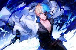 Rule 34 | 1boy, aura, belt, blue eyes, claws, collarbone, danhu, dragon install, guilty gear, guilty gear strive, heterochromia, highres, holding, holding weapon, jacket, jacket on shoulders, ky kiske, lightning, male focus, multicolored hair, pectorals, red eyes, serious, sheath, simple background, solo, split-color hair, sword, weapon, white background, white jacket