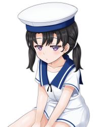 Rule 34 | 1girl, black hair, blue collar, collar, dress, hat, highres, kantai collection, purple eyes, sailor dress, sailor hat, short hair, short sleeves, shounan (kancolle), simple background, solo, tk8d32, twintails, white background, white dress, white hat