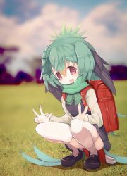 Rule 34 | 10s, 1girl, alternate costume, backpack, bad id, bad twitter id, bag, bird tail, bird wings, blonde hair, commentary request, double v, dress, green hair, grey hair, head wings, highres, kemono friends, loafers, long hair, resplendent quetzal (kemono friends), scarf, shoes, solo, squatting, tail, teranekosu, thighhighs, v, wings