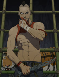 Rule 34 | 10s, 1boy, 2013, abs, bandages, belt, black hair, blade, blood, blue eyes, cage, dated, far cry, far cry 3, gb (doubleleaf), grin, knife, male focus, mohawk, pants, parted lips, short hair, smile, solo, tiger, vaas montenegro, wristband