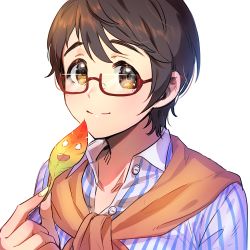 Rule 34 | 10s, 1girl, bad id, bad pixiv id, bespectacled, brook (applebrk), brown eyes, brown hair, buttons, glasses, idolmaster, idolmaster cinderella girls, leaf, looking at viewer, matching hair/eyes, oikawa shizuku, portrait, red-framed eyewear, shirt, short hair, simple background, smile, solo, striped clothes, striped shirt, sweater around neck, unbuttoned, unbuttoned shirt, vertical-striped clothes, vertical-striped shirt, very short hair, white background