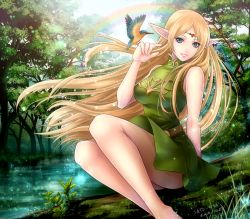 Rule 34 | 1girl, bare legs, barefoot, bird, blonde hair, blue eyes, circlet, deedlit, dress, elf, forest, grin, legs, long hair, looking at viewer, nature, outdoors, pointy ears, rainbow, record of lodoss war, river, satochi (1122), sitting, sleeveless, sleeveless dress, smile, solo, very long hair, water