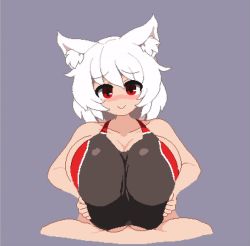 Rule 34 | 1boy, 1girl, :&gt;, animal ear fluff, animal ears, animated, animated gif, blush, breasts, breasts squeezed together, closed mouth, competition swimsuit, hetero, huge breasts, inubashiri momiji, looking at viewer, namako daibakuhatsu, nose blush, one-piece swimsuit, paizuri, paizuri under clothes, penis, pixel art, pov, pov crotch, red eyes, short hair, simple background, smile, solo focus, swimsuit, tagme, touhou, uncensored, underboob, unfinished, white hair, wolf ears