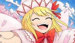 Rule 34 | 1girl, :d, blonde hair, bow, bowtie, capelet, cherry blossoms, closed eyes, dress, fairy wings, falling petals, happy, hat, hat bow, highres, lily white, long hair, long sleeves, open mouth, outstretched arms, petals, pointy hat, red bow, red bowtie, smile, solo, teeth, theyoiy, touhou, upper teeth only, white capelet, white dress, white hat, wide sleeves, wings