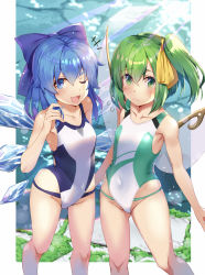 Rule 34 | 2girls, ;d, blue bow, blue eyes, blue hair, blue one-piece swimsuit, bow, cirno, closed mouth, collarbone, competition swimsuit, daiyousei, fairy wings, flat chest, frown, green eyes, green one-piece swimsuit, hair bow, hair ribbon, highres, ice, ice wings, looking at viewer, multiple girls, one-piece swimsuit, one eye closed, open mouth, renka (renkas), ribbon, short hair, side ponytail, smile, standing, swimsuit, touhou, two-tone swimsuit, white one-piece swimsuit, wings, yellow ribbon