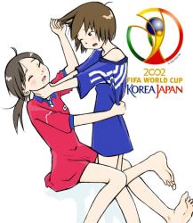 Rule 34 | 2002, 2002 fifa world cup, 2girls, asphyxiation, barefoot, blue shirt, brown hair, catfight, feet, grabbing another&#039;s hair, japan, kashmir, korea, multiple girls, politics, red shirt, shirt, simple background, soccer, soles, south korea, strangling, toes, white background, world cup