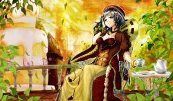 Rule 34 | 1girl, artist request, balcony, bracelet, cake, castle, cup, dress, duel monster, erolj, evening, food, fruit, headdress, jewelry, leaf, looking at viewer, madolche queen tiaramisu, necklace, short hair, grey eyes, silver hair, sitting, smile, strawberry, strawberry shortcake, teacup, teapot, wind, yu-gi-oh!
