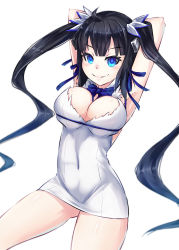 Rule 34 | 1girl, absurdres, armpits, arms behind back, arms up, bell, black hair, blue eyes, blue ribbon, blush, breasts, cleavage, covered navel, cowboy shot, dress, dungeon ni deai wo motomeru no wa machigatteiru darou ka, gluteal fold, hestia (danmachi), highres, large breasts, long hair, looking at viewer, miniskirt, necktie, pale skin, rei no himo, ribbon, samael (5211), simple background, skin tight, skindentation, skirt, smile, solo, thick thighs, thighs, twintails, wavy mouth, white background, white dress